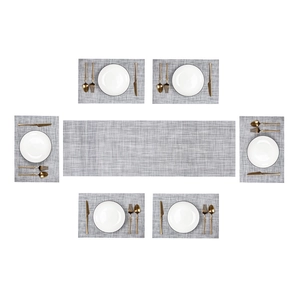 Grey woven place mats and table runner set with six mats for dining table protection