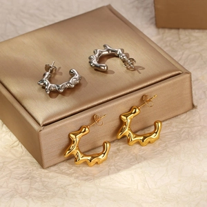 Irregular C-Shaped Earrings 18K Gold Plated Stainless Steel Liquid Metal Lava Texture Minimalist Chic Jewelry For Women