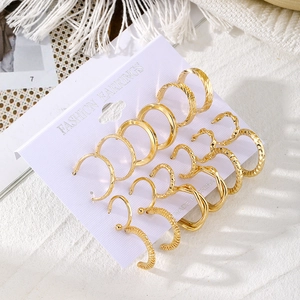 Detailed macro view of 16-piece gold hoop earring set with various textures on display card