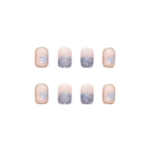 Short square press-on nails with cream blue heart and butterfly designs on pink base
