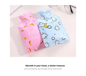 Detail of pink and blue cartoon PVC hot water bottles with secure threaded screw caps