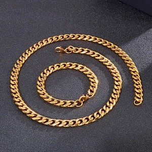 Polished 18K gold plated stainless steel Cuban chain necklace and bracelet jewelry set