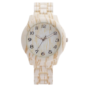 Fashionable beige wood grain pattern ladies watch with clear Arabic numerals on white background