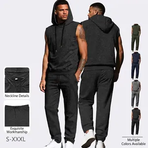 Men Sleeveless Hoodie And Jogger Pants Cotton Polyester Distressed Streetwear Casual Tracksuit