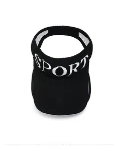 Top view of black knitted sun visor hat with sport embroidery and mesh lining detail