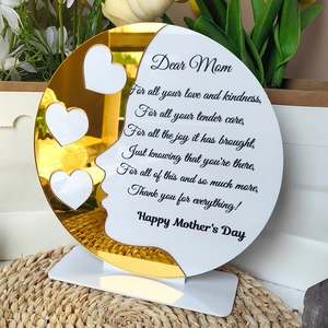 Detail of round acrylic Mother's Day plaque with three heart-shaped photo slots and poem