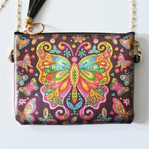 Deep purple butterfly diamond painting crossbody bag with gold chain and black tassel