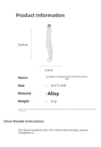 Detail showing irregular C-shape chain tassel ear cuff dimensions and alloy material specs