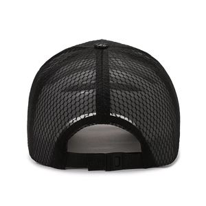 Breathable black mesh baseball cap with extended brim and adjustable strap for fishing