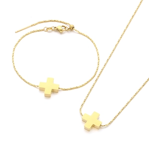 Golden stainless steel necklace and bracelet set with minimalist cross pendants