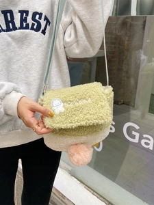 Duck Plush Crossbody Bag Lambswool Contrast Color Cartoon Rabbit Patch Pom Pom Decor Soft Casual Shoulder Bag Women Girls