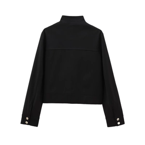 Back view of black stand-up collar cropped bomber jacket with button cuffs on white background
