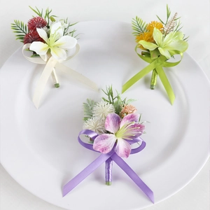 Artificial Satin Flower Boutonniere Jasmine Ball With Ribbon Bow Wedding Groom Groomsmen Business Banquet Formal Accessory