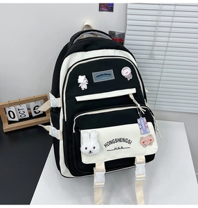 Detail of multi-pocket canvas backpack with cute badges and cartoon pendant