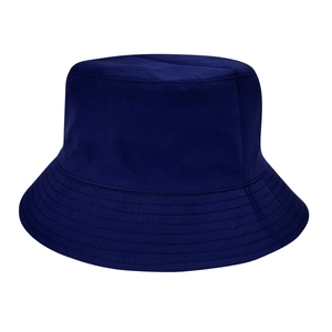 Detailed view of dark blue cotton bucket hat featuring reinforced stitching on the brim