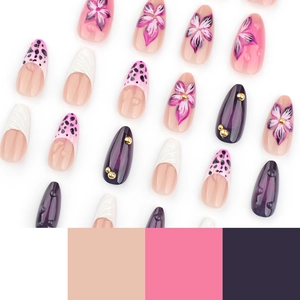 3D floral press-on nails with pink leopard print and French white tips almond shape