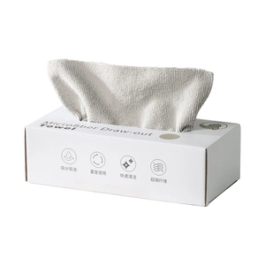 Disposable microfiber kitchen cleaning cloths in a white pull-out dispenser box