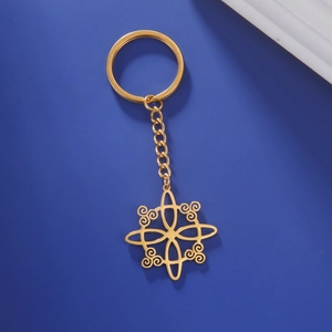 Macro shot of golden Celtic knot keychain charm on a deep blue artistic background