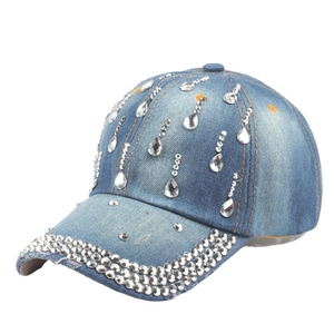 Denim baseball cap for women with sparkling teardrop rhinestones and a blue washed finish