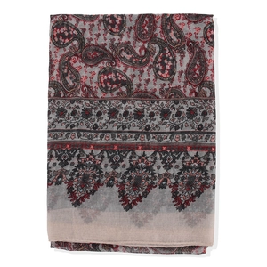 Close-up of paisley print scarf showing soft texture and detailed bohemian floral patterns