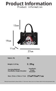Detailed size chart for Santa print PU leather tote bag with product dimensions