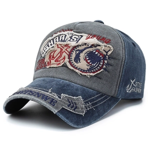 Distressed blue and dark grey patchwork baseball cap with retro embroidery and patches