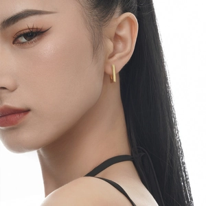 S925 sterling silver minimalist rectangular gold hoop earrings for women on model