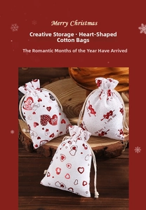 Three-piece set of Christmas drawstring cotton bags with red heart patterns and gold print