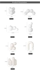 Detailed size chart showing dimensions for seven minimalist white ceramic art vases