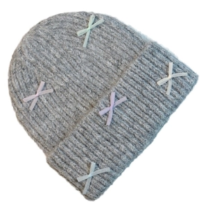 Winter sweet grey knit beanie with colorful mini bows and warm ribbed texture for women