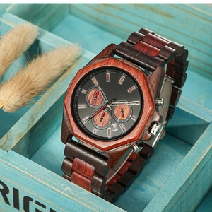 Creative multifunctional sandalwood quartz watch with chronograph in a vintage blue wooden box
