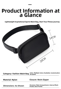 Detail of waterproof nylon waist bag showing dimensions 20x14cm and resin zipper closure