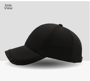 Side view of black cotton baseball cap with detailed cursive embroidery and six-panel crown