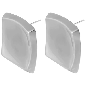 Macro shot of silver irregular square stud earrings with polished liquid metal texture