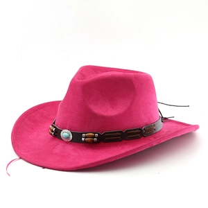 Detail of rose red suede cowboy hat with turquoise bead band and wide brim design