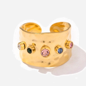 Hammerschlag-Ring Aus Edelstahl Mit Bunten Zirkonia 18K Vergoldet Verstellbar Breit Retro Böhmischer Schmuck Für Damen