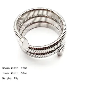 Detail of 12mm stainless steel spiral cuff bracelet with size and weight measurements