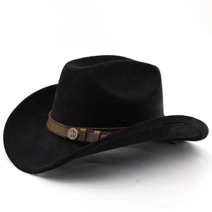 Classic black wool western cowboy hat with brown leather band and vintage metal emblem