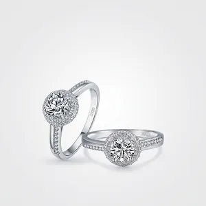 925 Sterling Silver Ring Round Cubic Zirconia Halo Setting Luxury Engagement Wedding Jewelry For Women