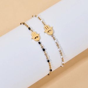 Bohemian Hamsa Hand gold chain bracelet with black and white enamel beads for women