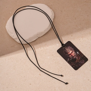Stainless steel square pendant necklace featuring Black Myth Wukong on stone display