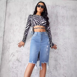 Zebra print crop top and high waist denim skirt set with distressed hem detail