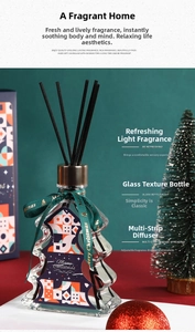 Detailed view of Christmas tree glass diffuser bottle with golden cap and scent sticks