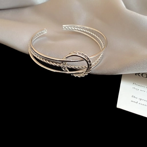 Detail view of silver multi-layer open bangle with twisted rope interlocking rings