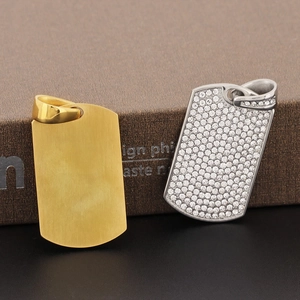 Hip hop dog tag pendants in gold matte and silver rhinestone stainless steel finish