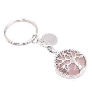 Silver Tree of Life keychain with pink crystal pendant on a white background