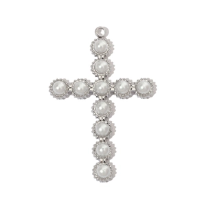 Detailed close-up of a silver stainless steel cross pendant with inlaid white pearls