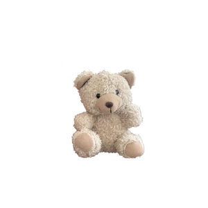 Cute sitting beige teddy bear plush doll accessory with soft fur texture on white background