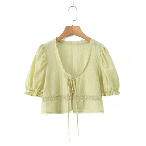 Chemisier Femme Manches Courtes Dentelle Nouage Col V Texture Crop Top Mode Douce