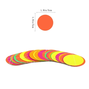 Detail view of 1.9 inch colorful paper circle garland with size markers and white stitching